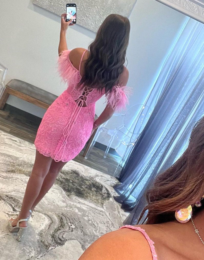 Off The Shoulder Corset Back Homecoming Dress With Feather