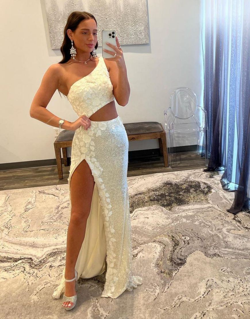 Oner Shoulder Sequins Split Prom Dress With Appliques