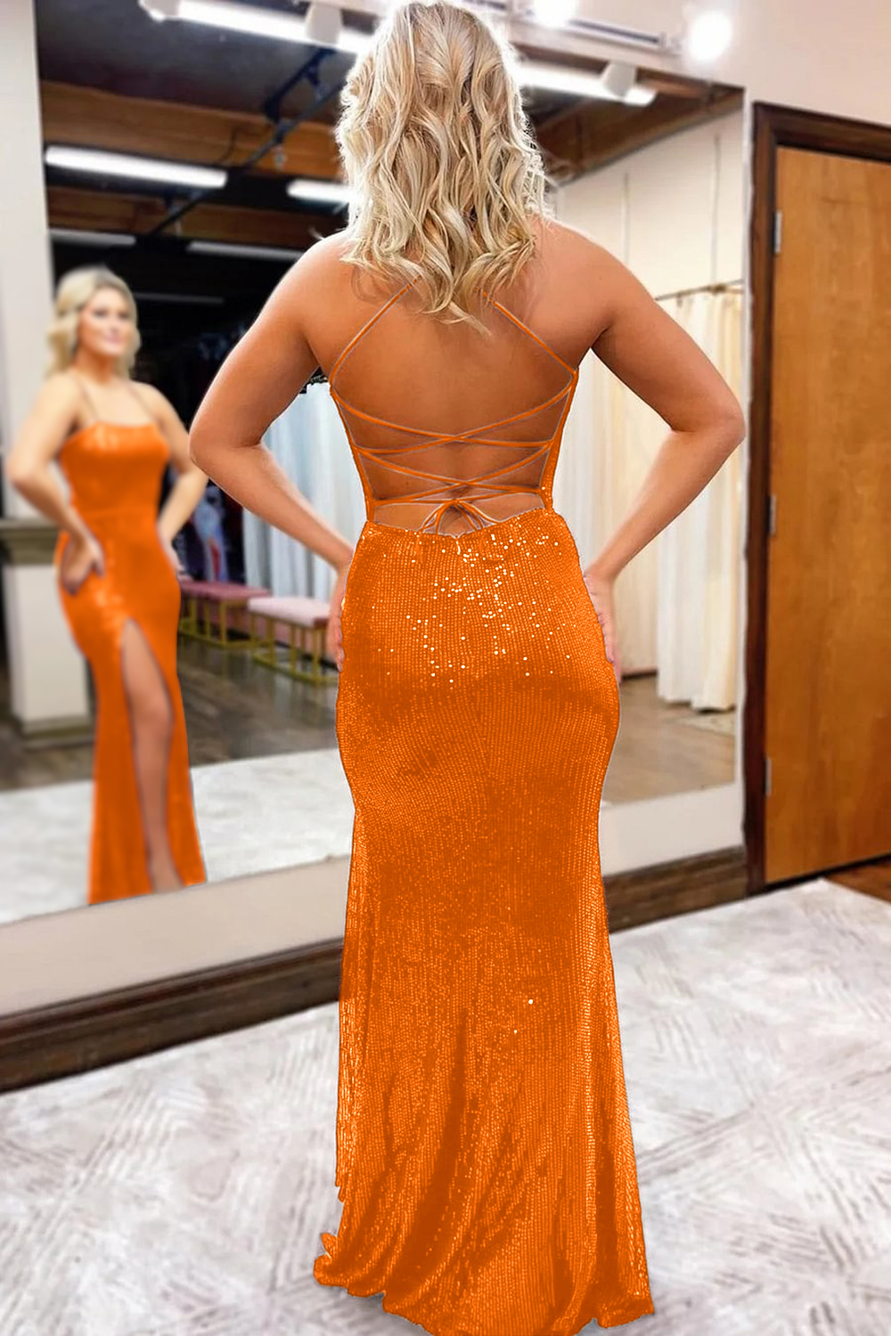 Simple Spaghetti Straps Corset Back Sequin Prom Dress With Split