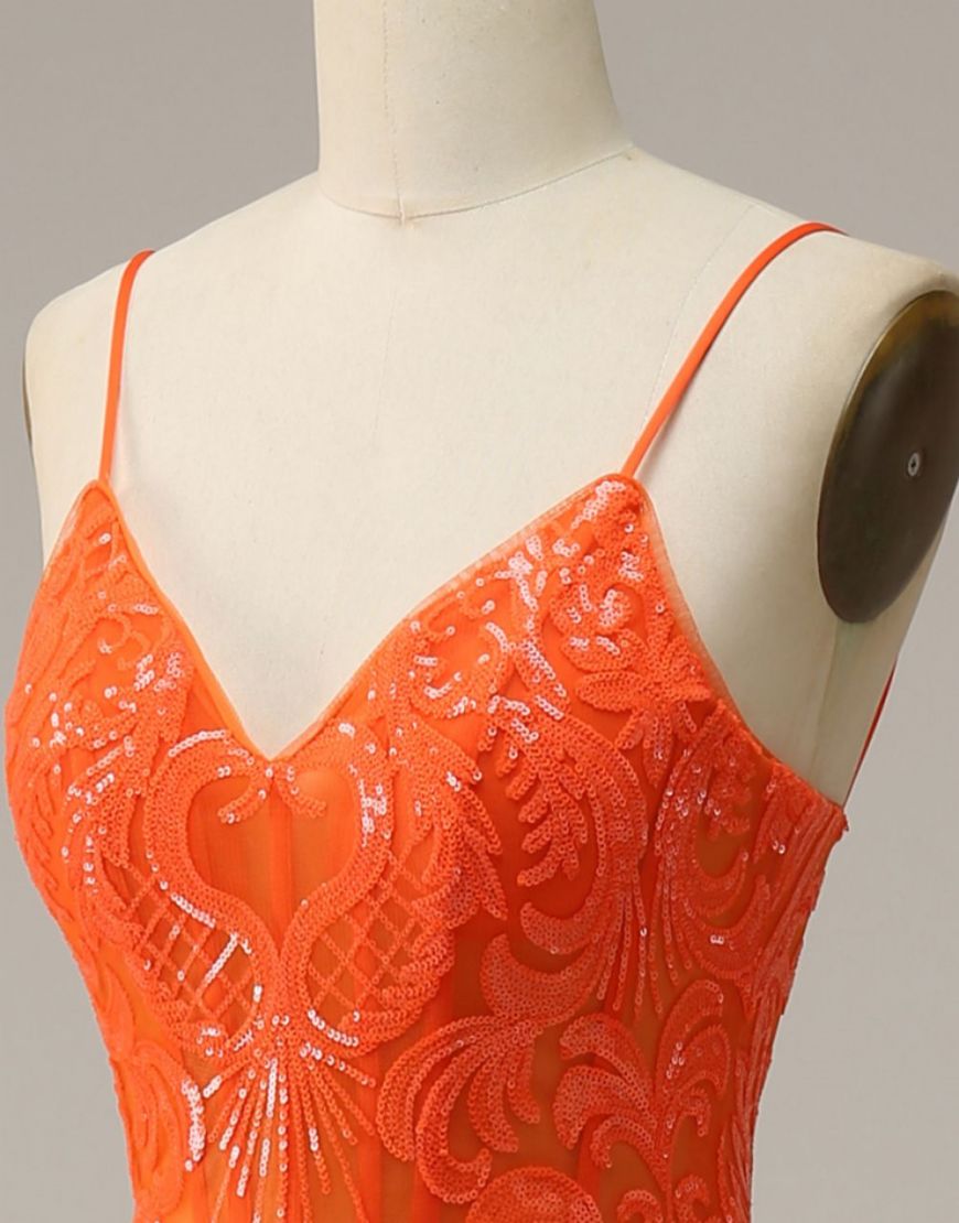 Orange Mermaid Spaghetti Straps Sequins Split Dress