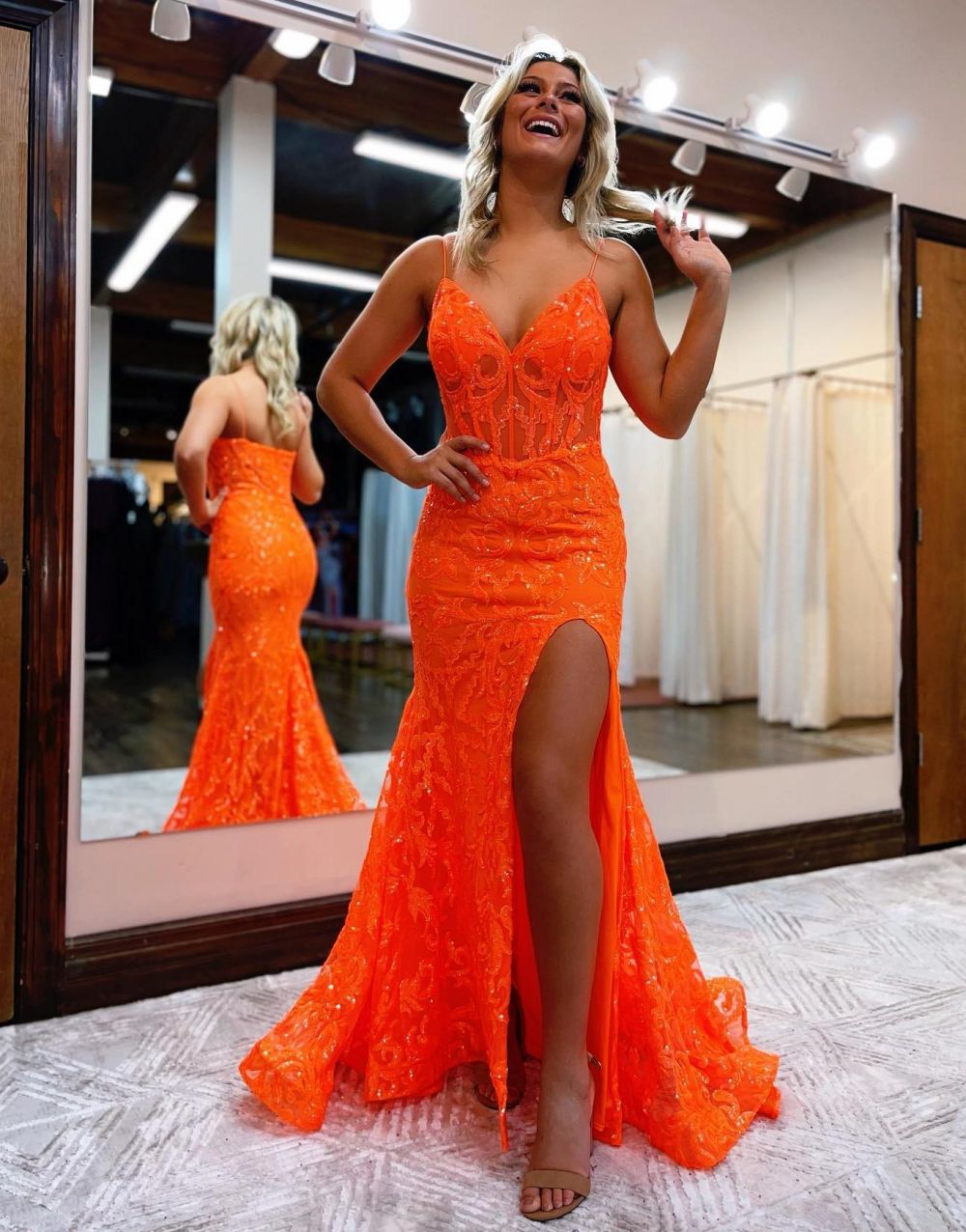 Orange Mermaid Spaghetti Straps Sequins Split Dress