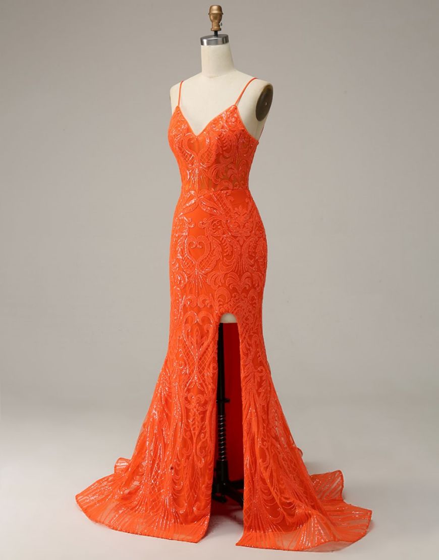 Orange Mermaid Spaghetti Straps Sequins Split Dress