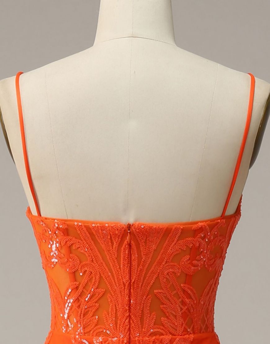 Orange Mermaid Spaghetti Straps Sequins Split Dress