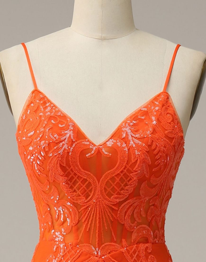 Orange Mermaid Spaghetti Straps Sequins Split Dress