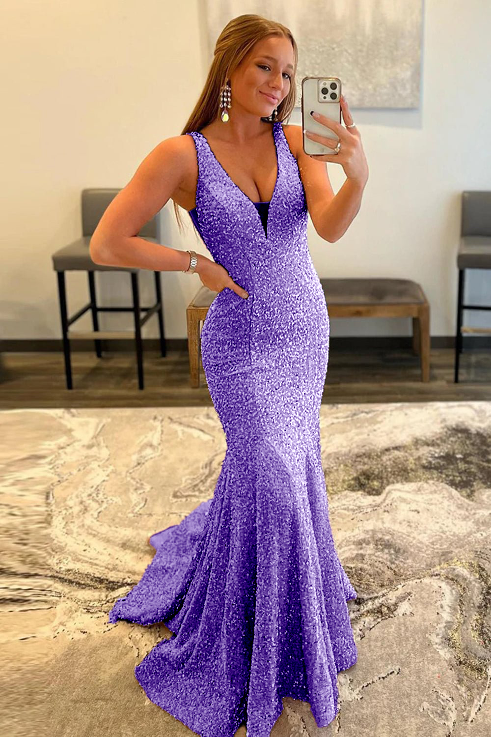 Sexy Glitter V Neck Mermaid Pink Long Prom Dress