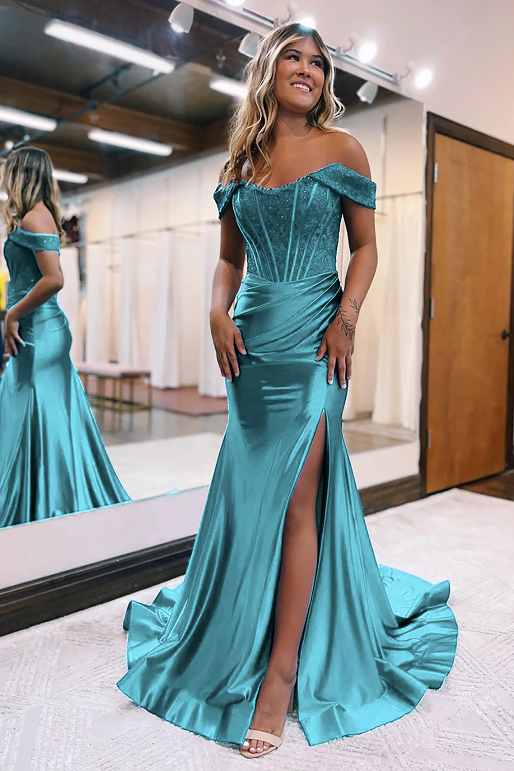 Mermaid Off The Shoulder Court Train Long Dress With Split