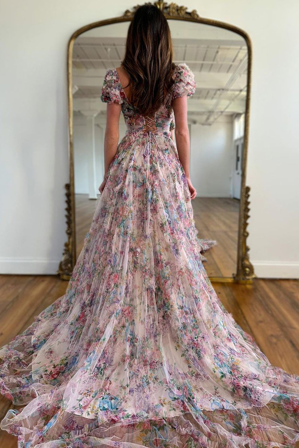 A-Line Square Neck Cap Sleeves Long Print Tulle Prom Dress