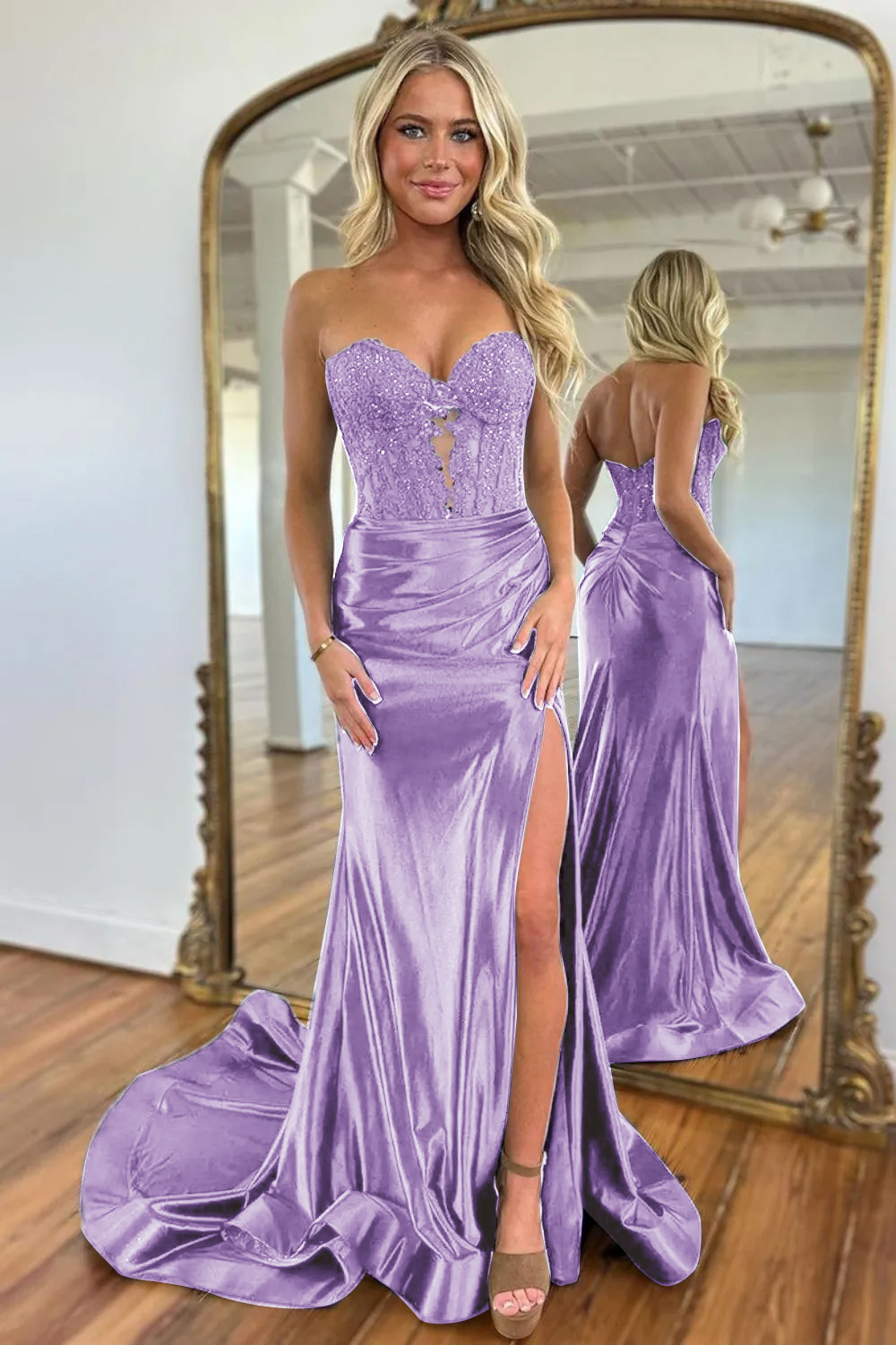 Navy Blue Sweetheart Mermaid Long Satin Prom Dress With Split