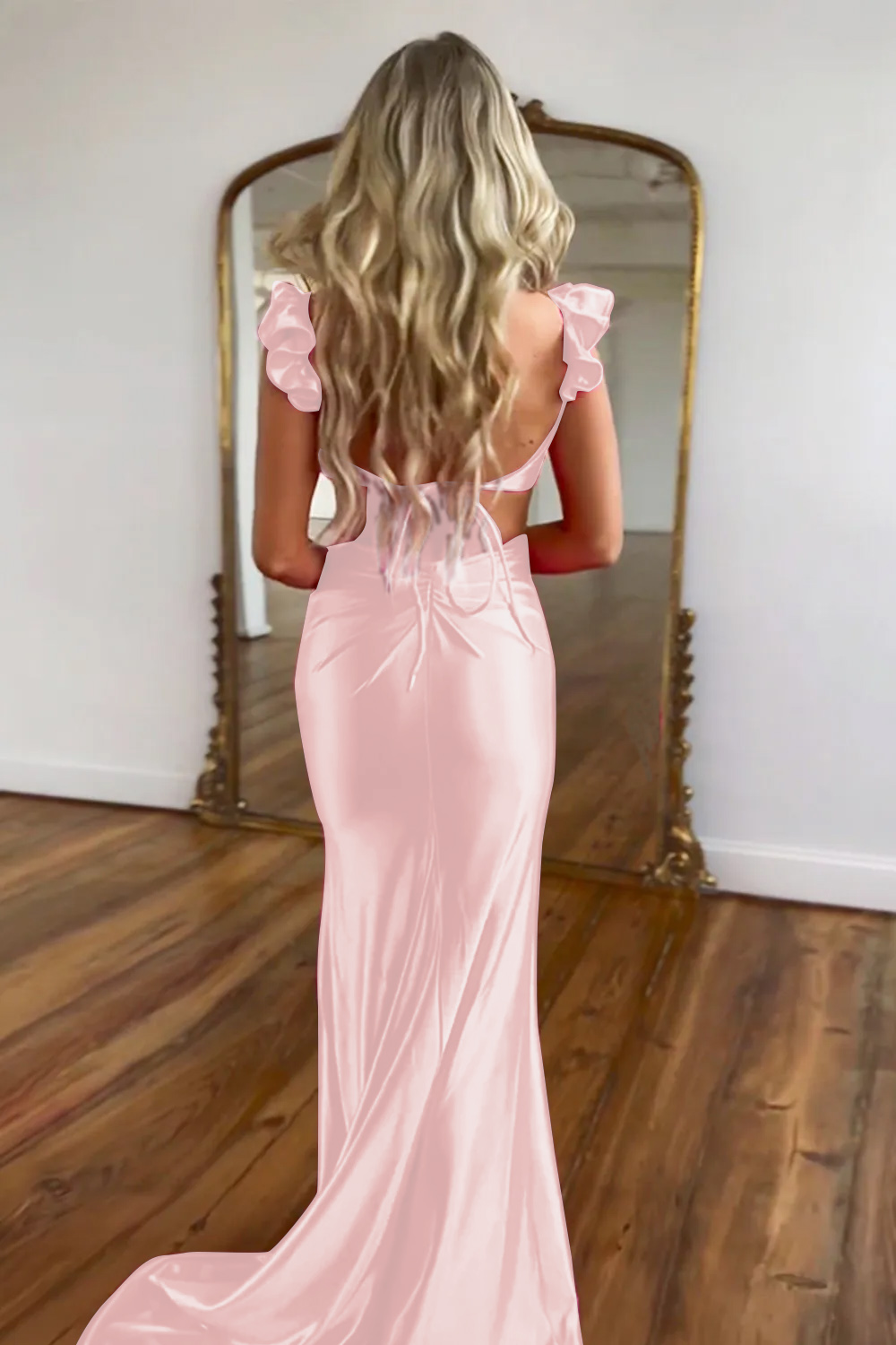 Cute Hot Pink Mermaid Cutout Waist Long Satin Prom Party Dress