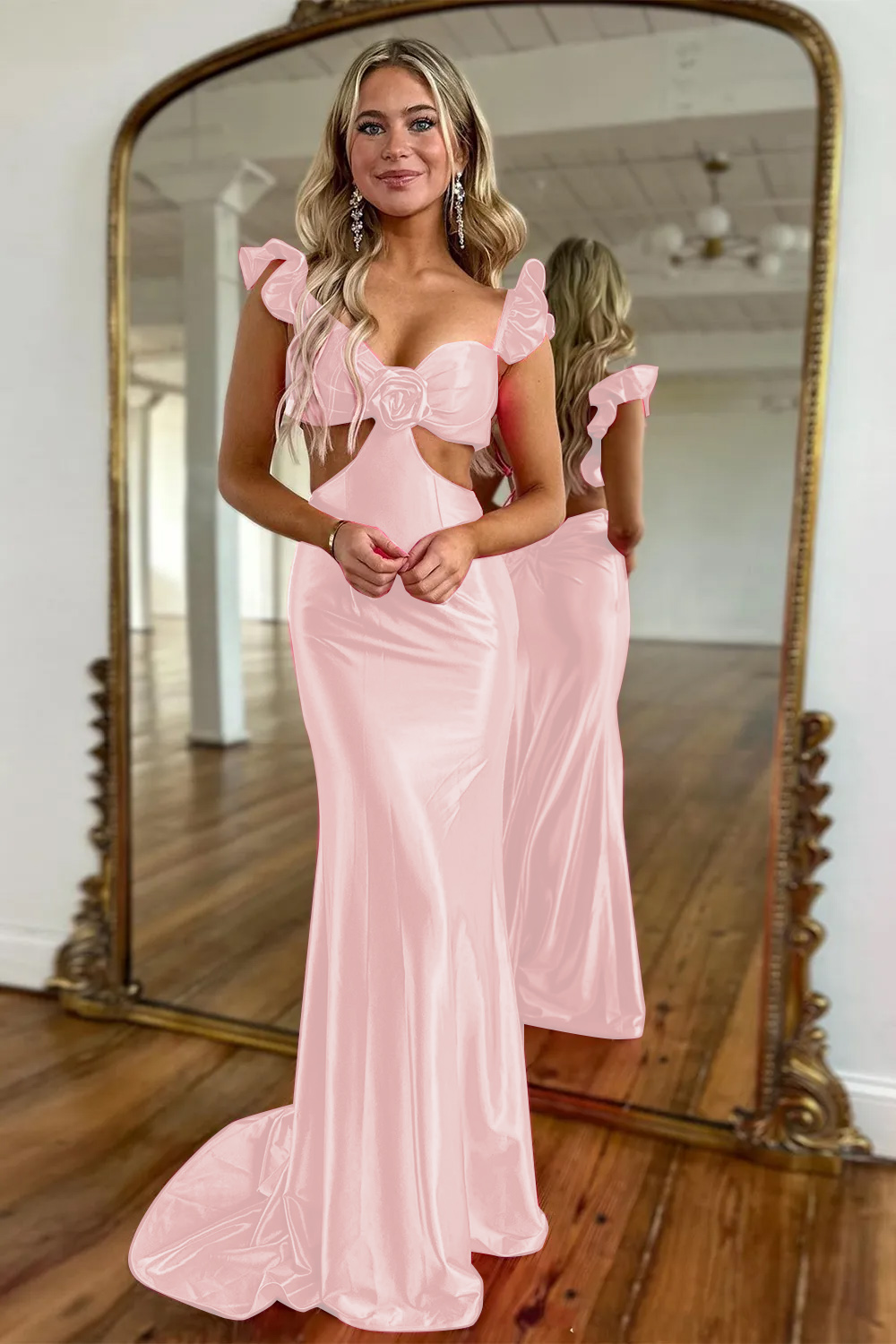 Cute Hot Pink Mermaid Cutout Waist Long Satin Prom Party Dress