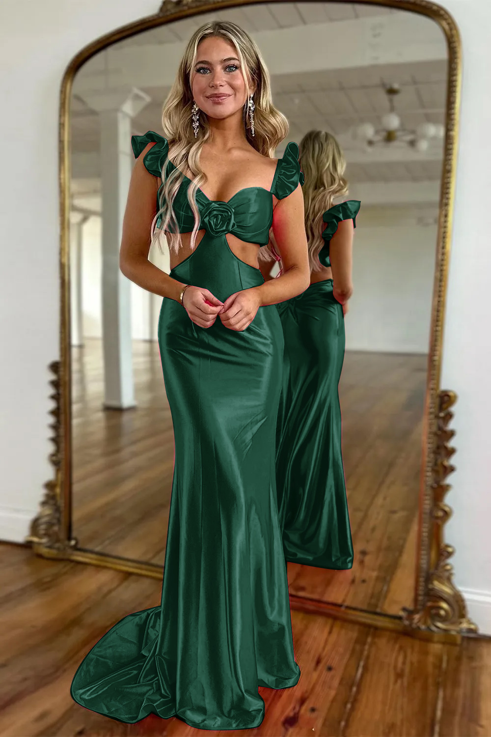 Cute Hot Pink Mermaid Cutout Waist Long Satin Prom Party Dress