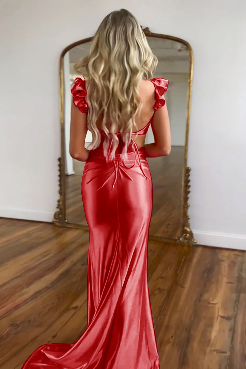 Cute Hot Pink Mermaid Cutout Waist Long Satin Prom Party Dress