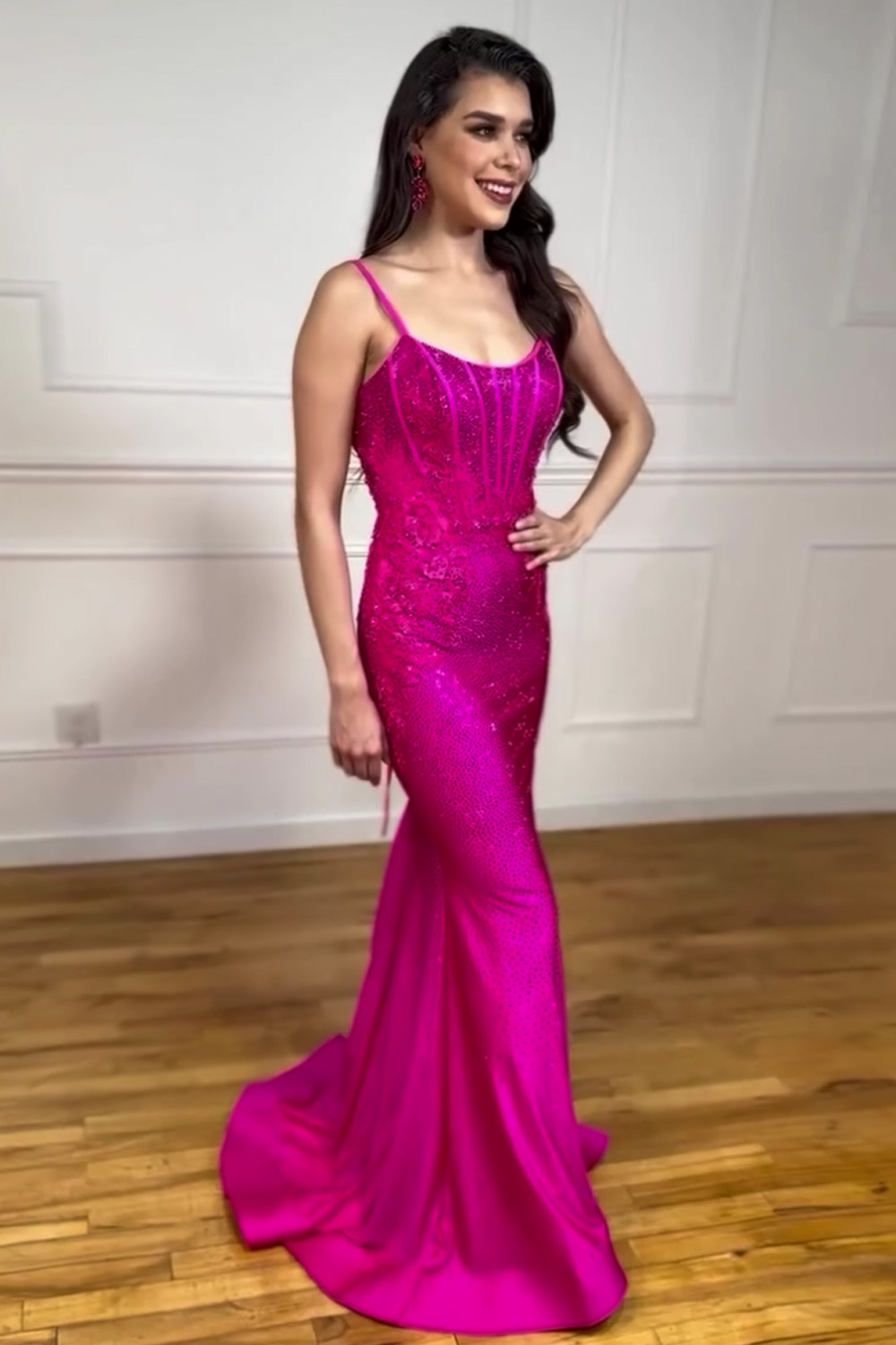Gorgeous Glitter Mermaid Spaghetti Straps Lace Up Long Beaded Prom Dress