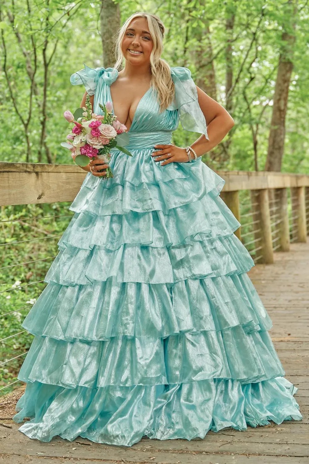 Trendy Pink A-Line Deep V-Neck Long Tiered Prom Dress With Split