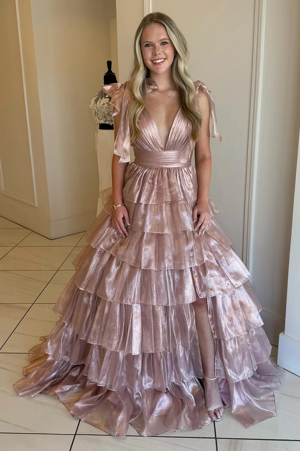 Trendy Pink A-Line Deep V-Neck Long Tiered Prom Dress With Split