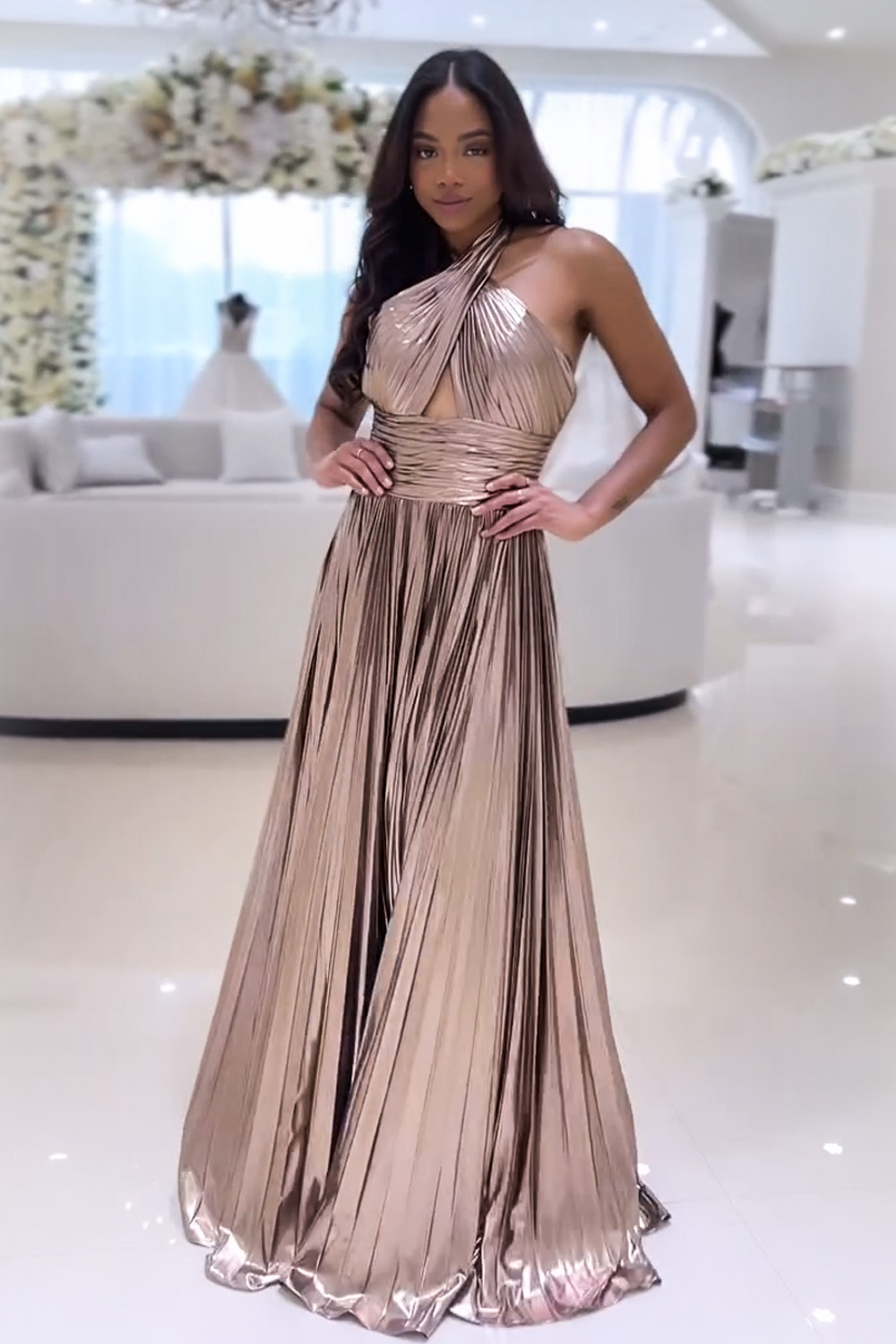 Peacock Blue Halter Neck A-Line Long Bright Prom Dress With Split