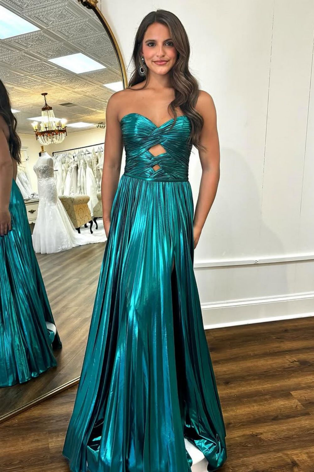 Stylish Peacock Blue A-Line Sweetheart Long Metallic Prom Dress With Slit
