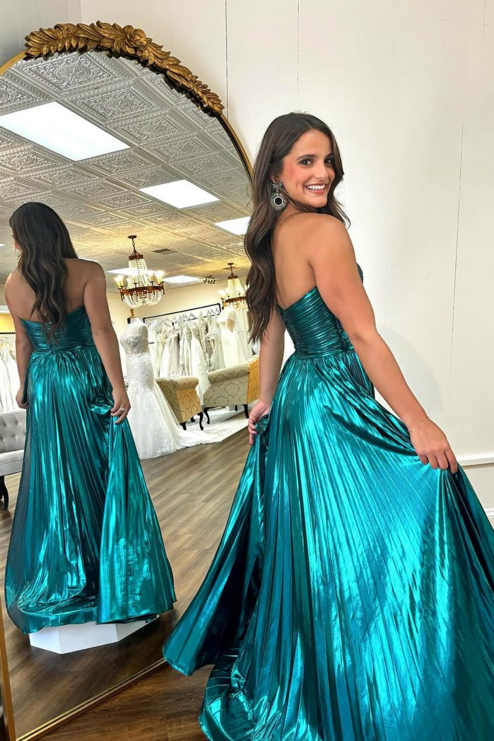 Stylish Peacock Blue A-Line Sweetheart Long Metallic Prom Dress With Slit