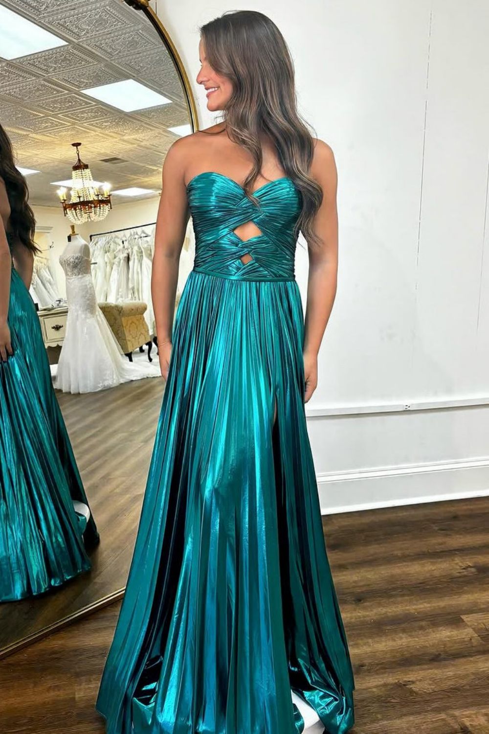 Stylish Peacock Blue A-Line Sweetheart Long Metallic Prom Dress With Slit
