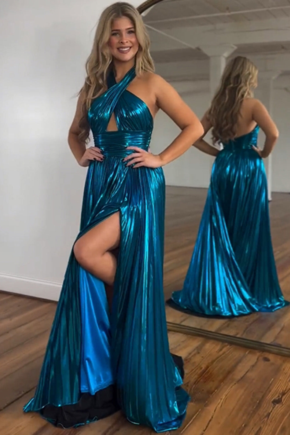 Peacock Blue Halter Neck A-Line Long Bright Prom Dress With Split