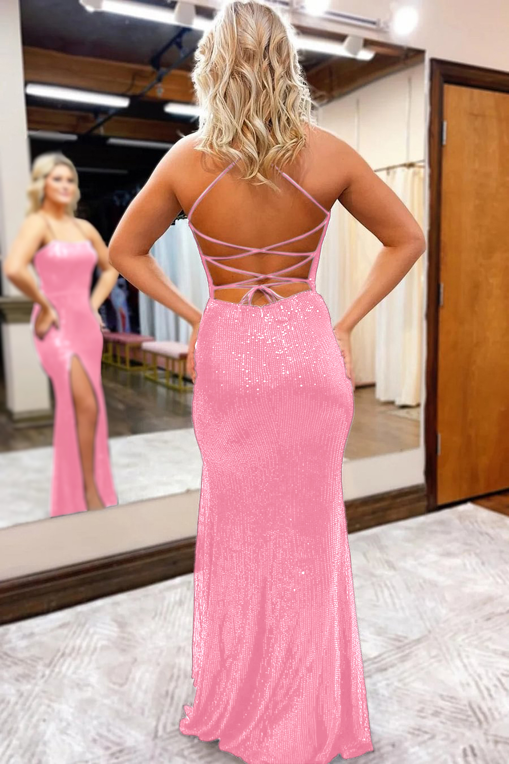 Simple Spaghetti Straps Corset Back Sequin Prom Dress With Split