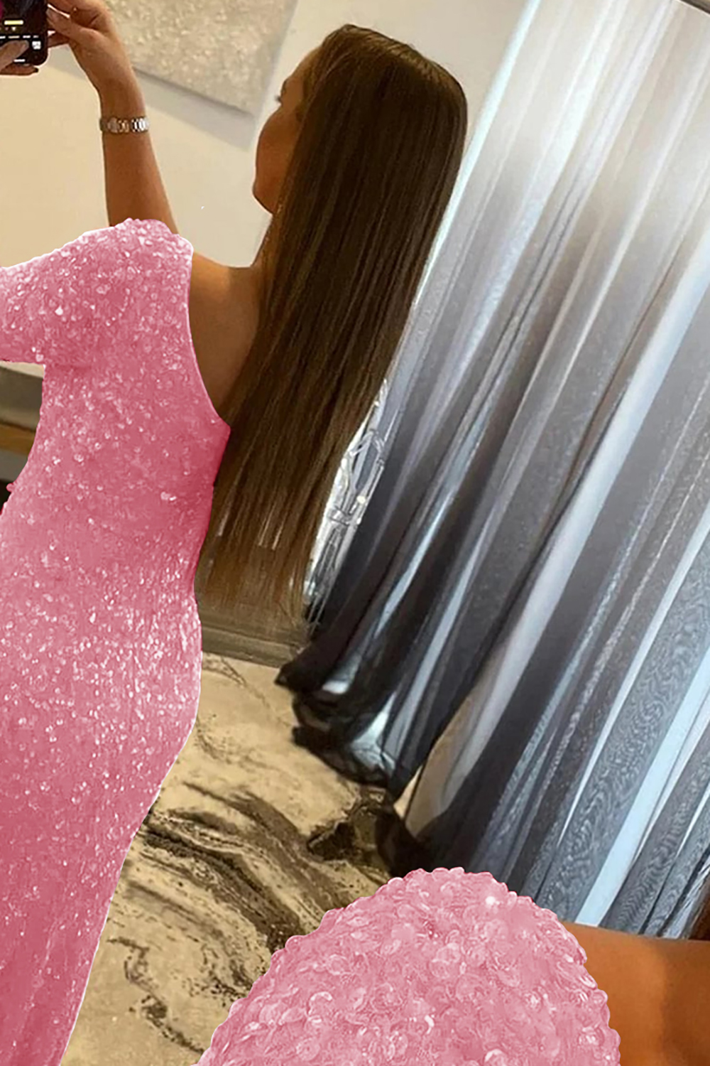 Mermaid Glitter One-Shoulder Single Sleeve Prom Dress With Sequins