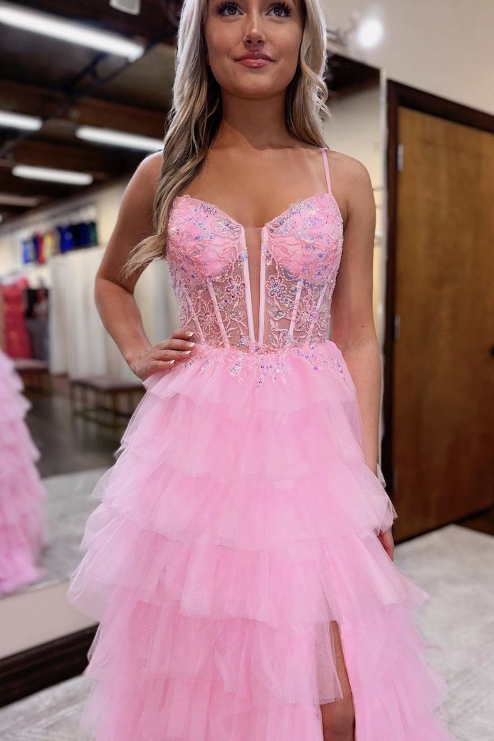 Pink A-Line Spaghetti Straps Lace Up Long Tiered Tulle Prom Dress