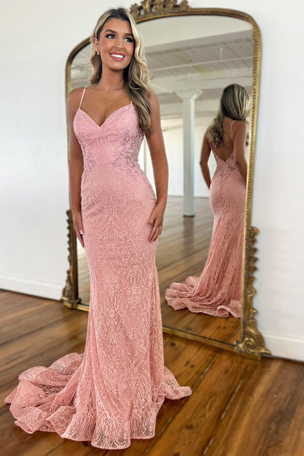 Pink Mermaid Spaghetti Straps Backless Long Lace Prom Dress