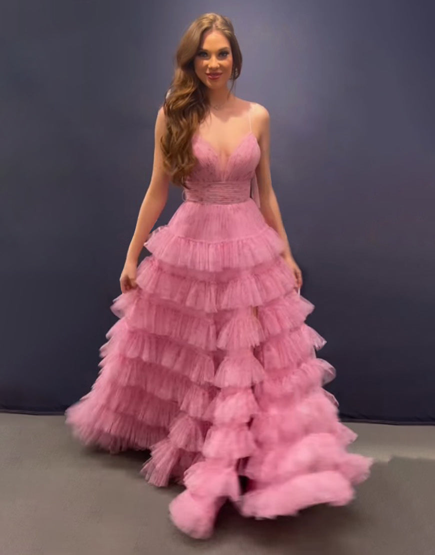 Pink A Line Spaghetti Straps Open Back Tiered Long Prom Dress