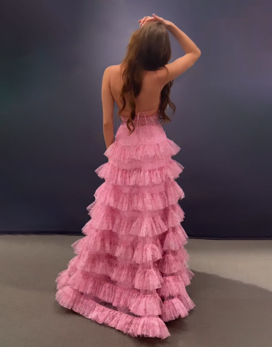 Pink A Line Spaghetti Straps Open Back Tiered Long Prom Dress