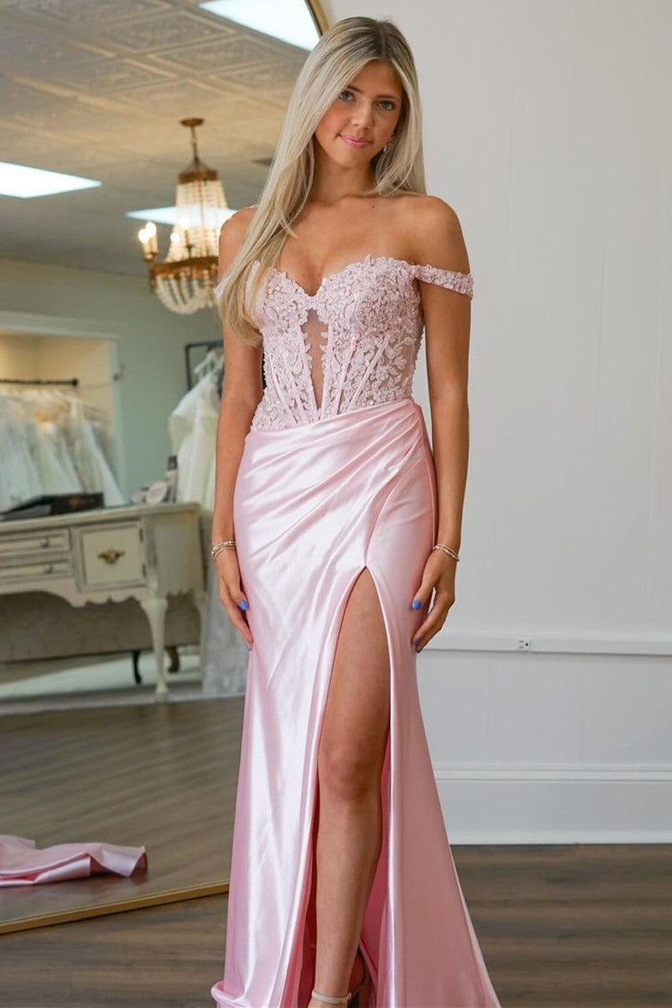 Pink Mermaid Off The Shoulder Lace Top Long Sequin Prom Dress With High Slit