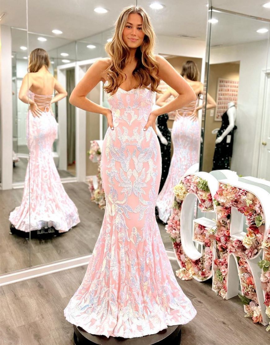 Pink Mermaid Strapless Corset Back Long Prom Dress