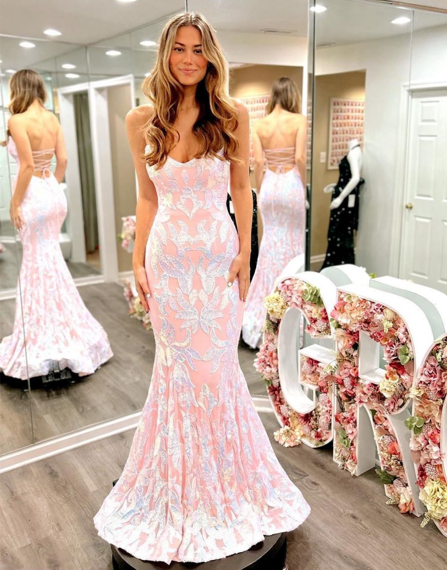 Pink Mermaid Strapless Corset Back Long Prom Dress