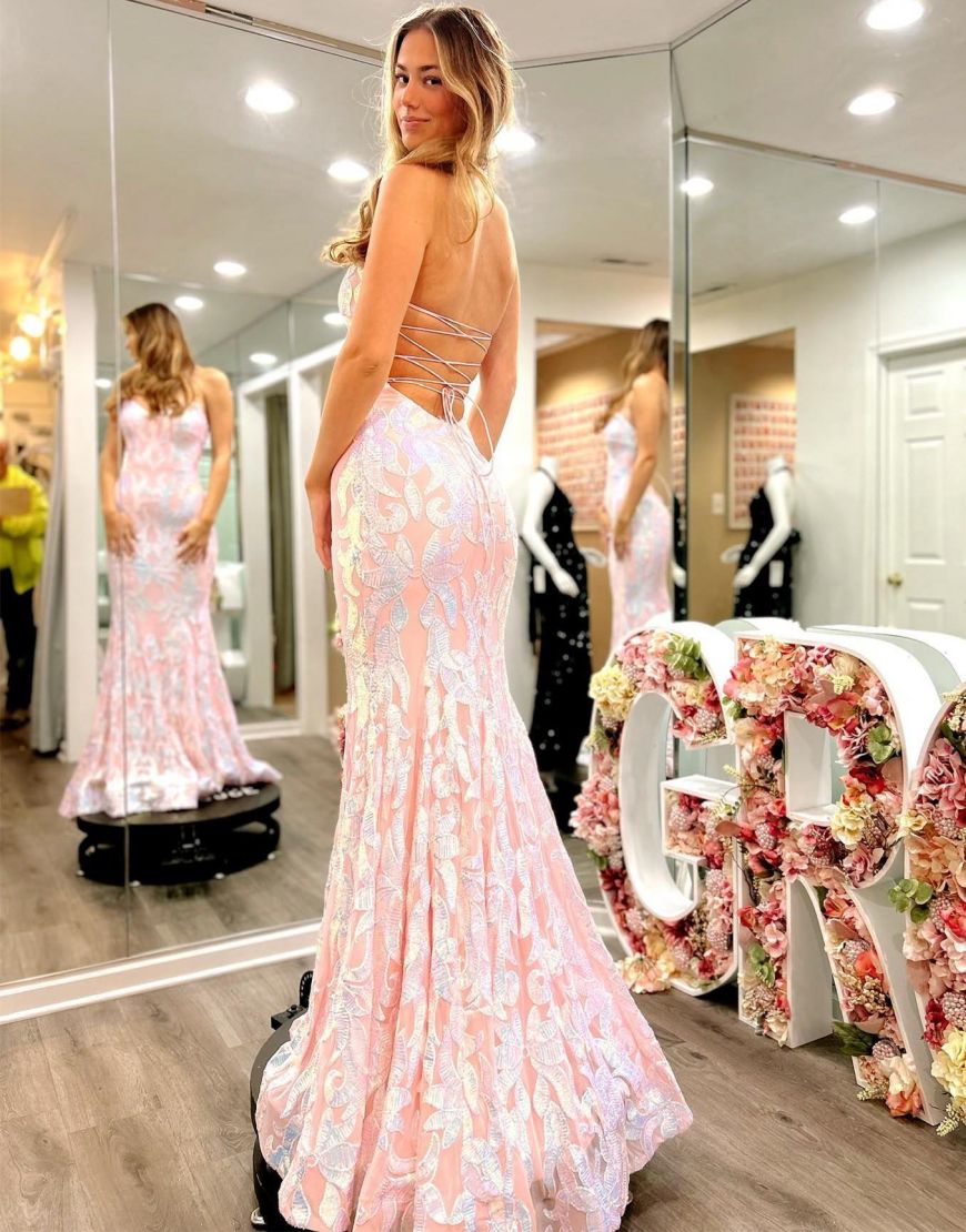 Pink Mermaid Strapless Corset Back Long Prom Dress