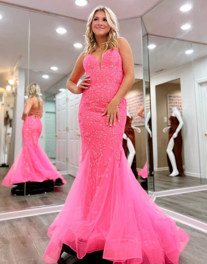 Pink Mermaid V-Neck Corset Back Long Lace Prom Dress