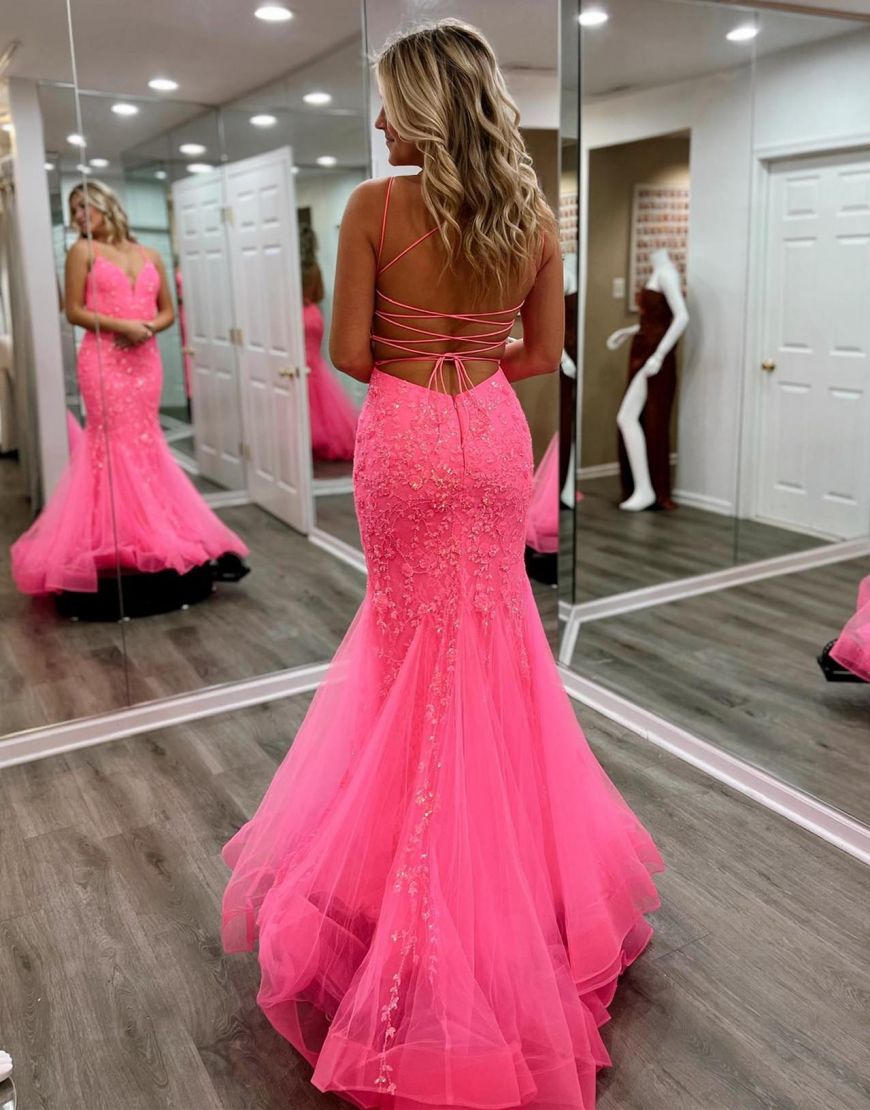 Pink Mermaid V-Neck Corset Back Long Lace Prom Dress