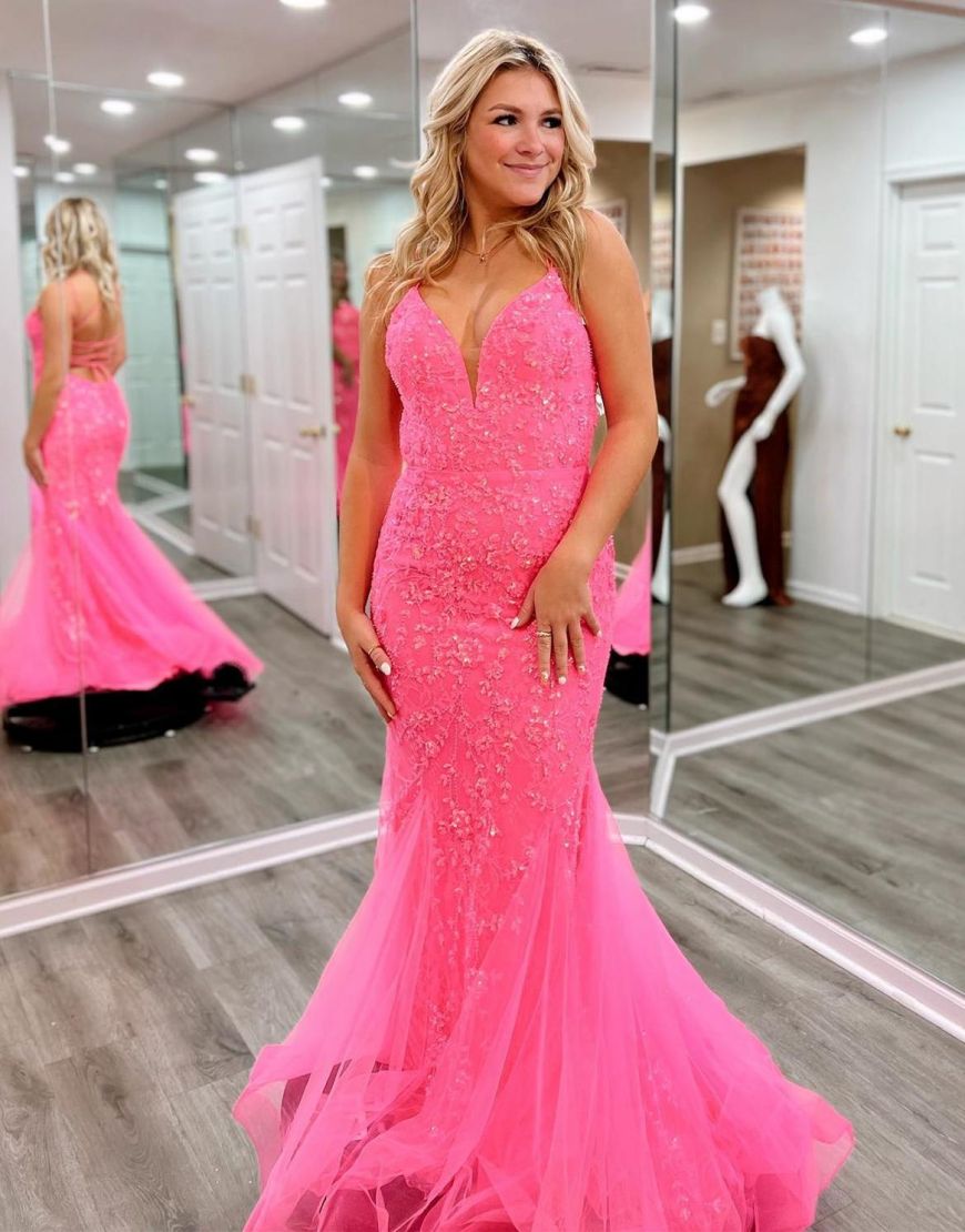 Pink Mermaid V-Neck Corset Back Long Lace Prom Dress