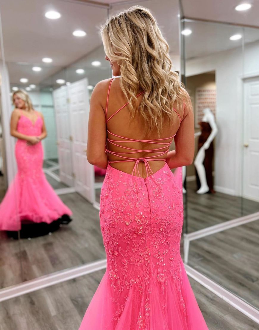 Pink Mermaid V-Neck Corset Back Long Lace Prom Dress