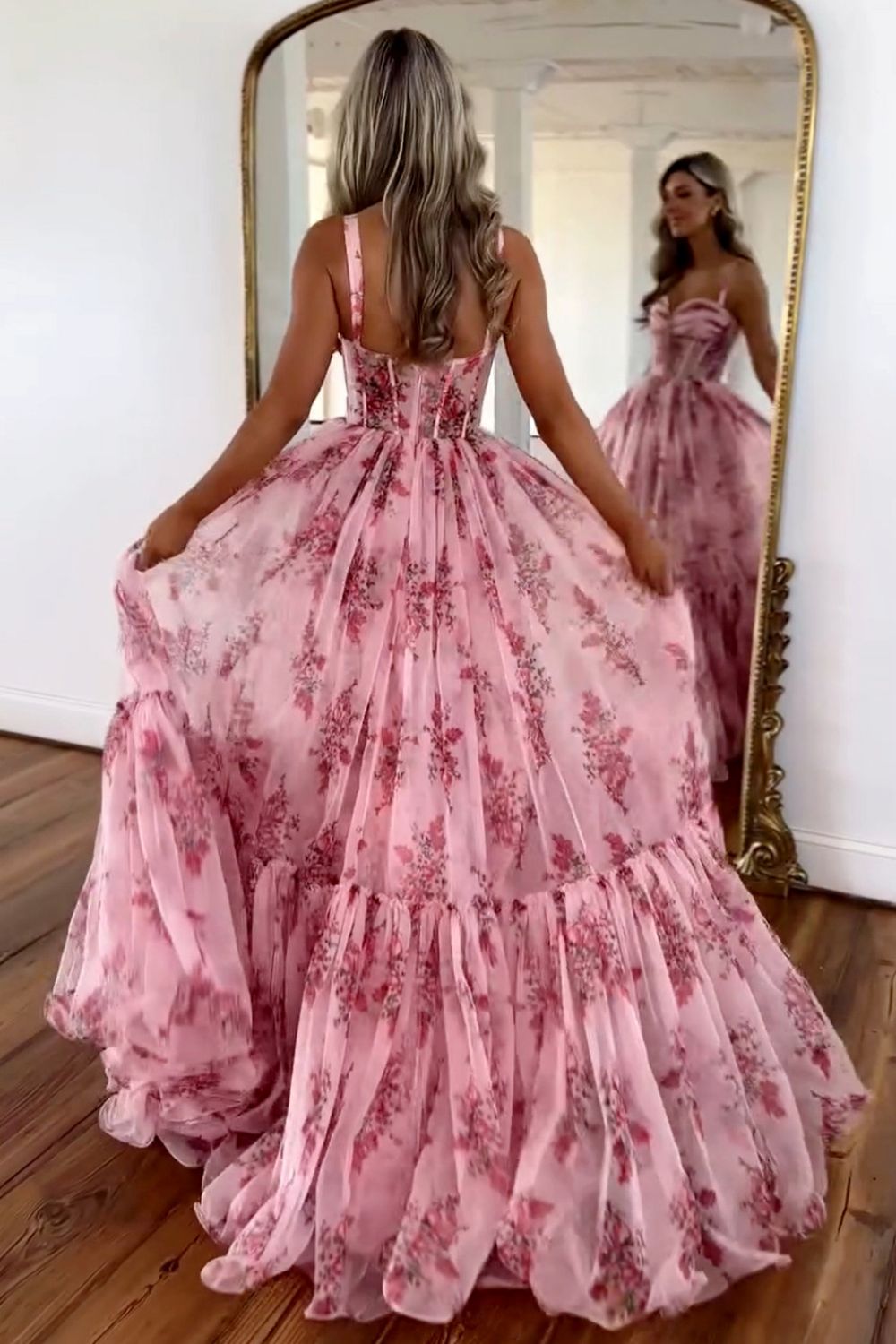 Pink Romantic A-Line Spaghetti Straps Long Print Tulle Prom Dress