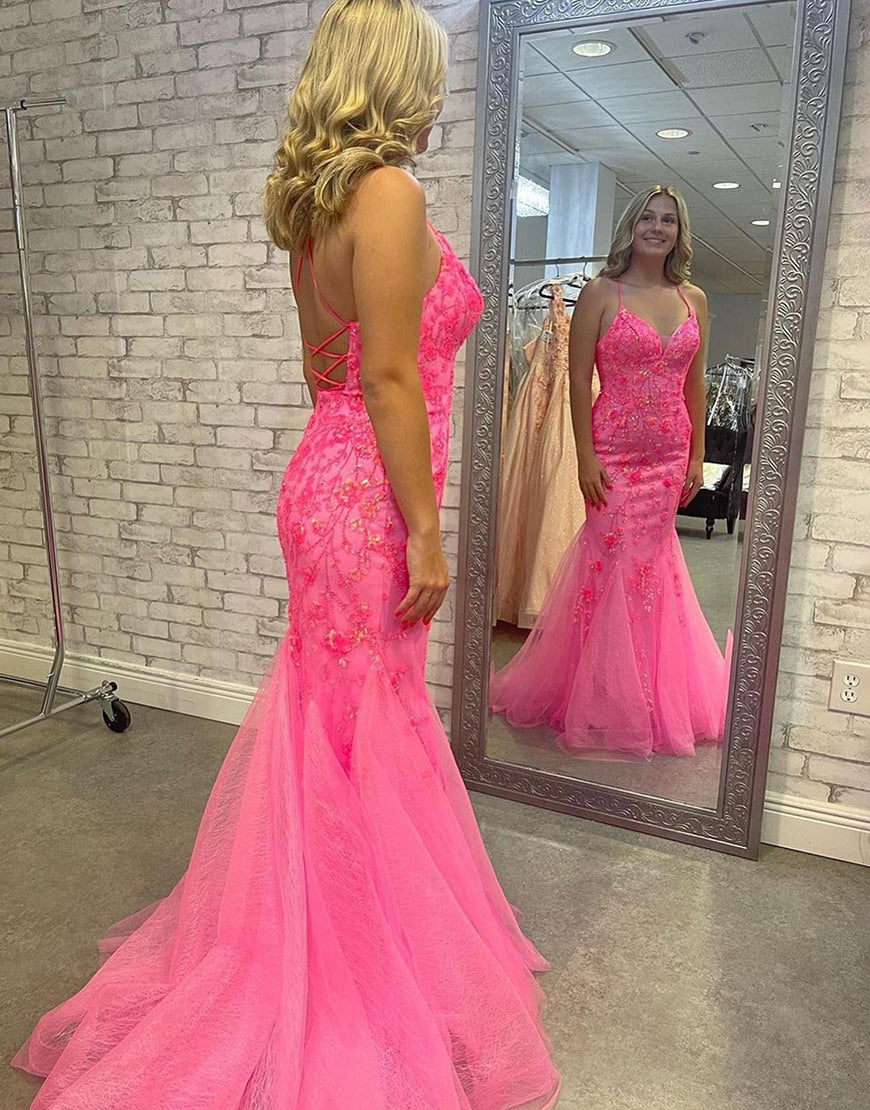 Pink Spaghetti Straps Corset Back Tulle Prom Dress With Appliques