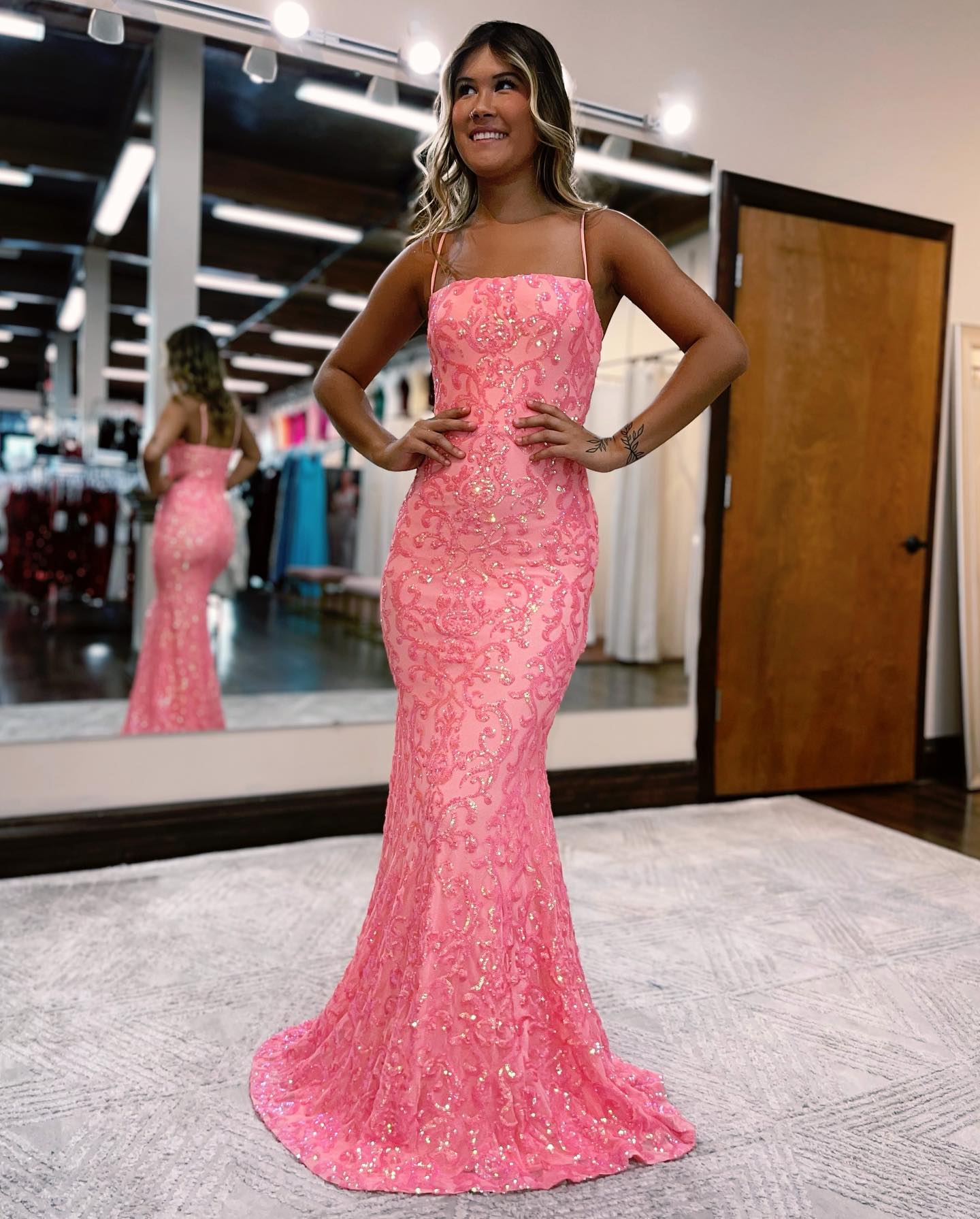 Pink Spaghetti Straps Mermaid Prom Dress With Beading