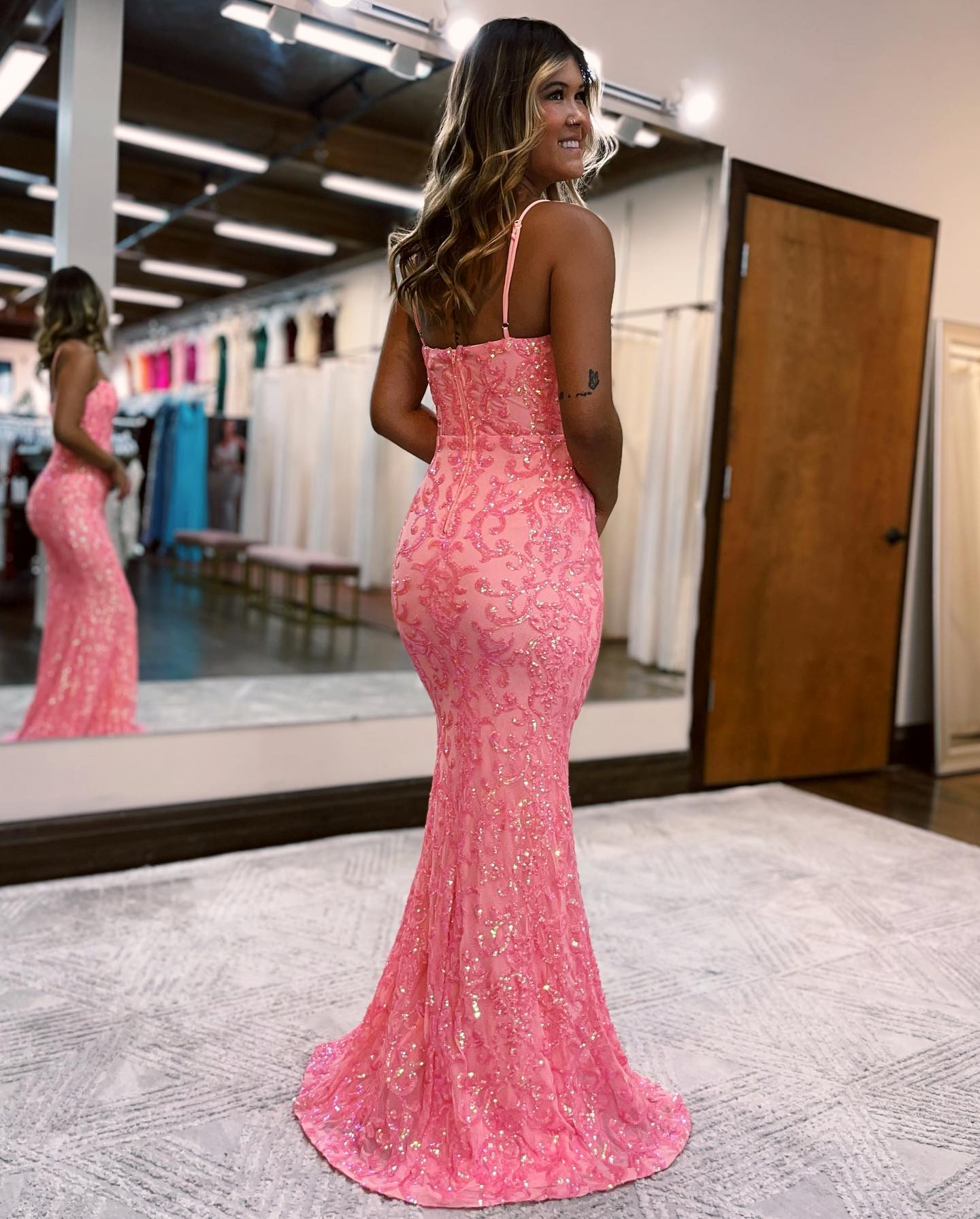 Pink Spaghetti Straps Mermaid Prom Dress With Beading