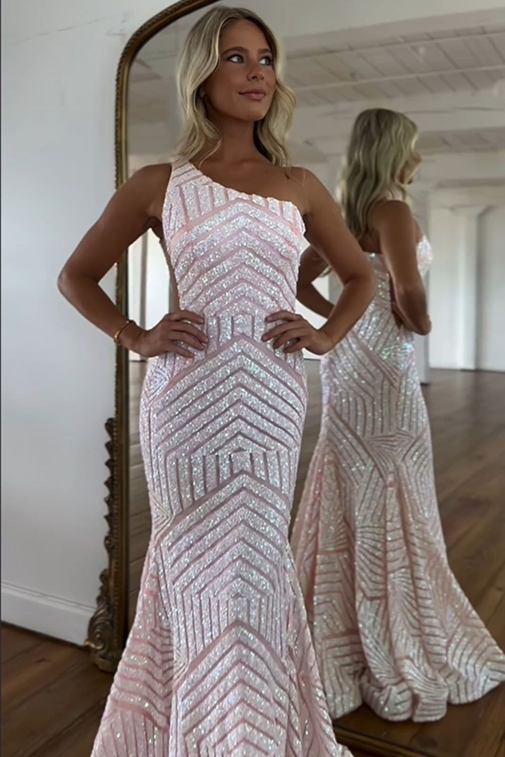 Sparkly Sequin One Shoulder Pink Long Mermaid Corset Prom Dress