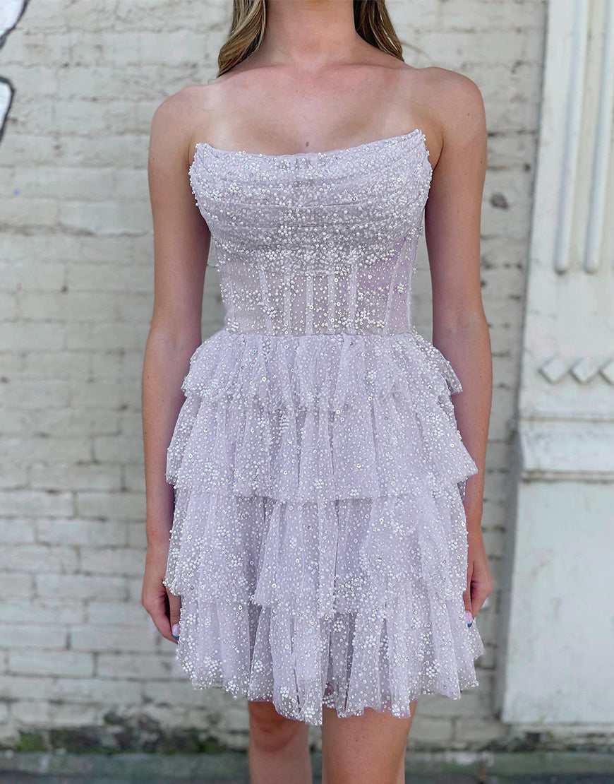 Pretty A-Line Strapless Short Tulle Tiered Homecoming Dress