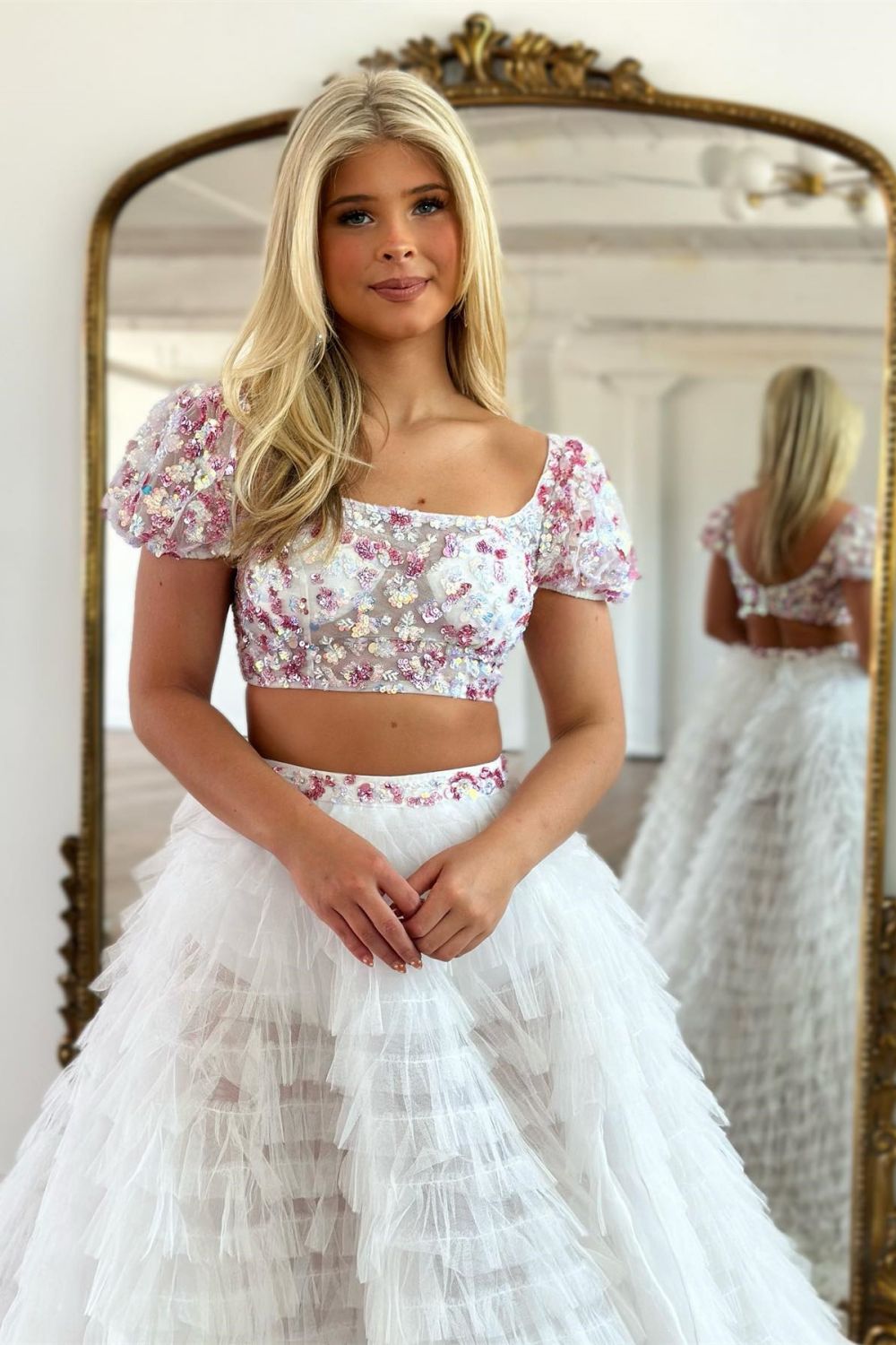 Sweet A-Line Two Pieces Cap Sleeves Long Tulle Prom Dress With Split