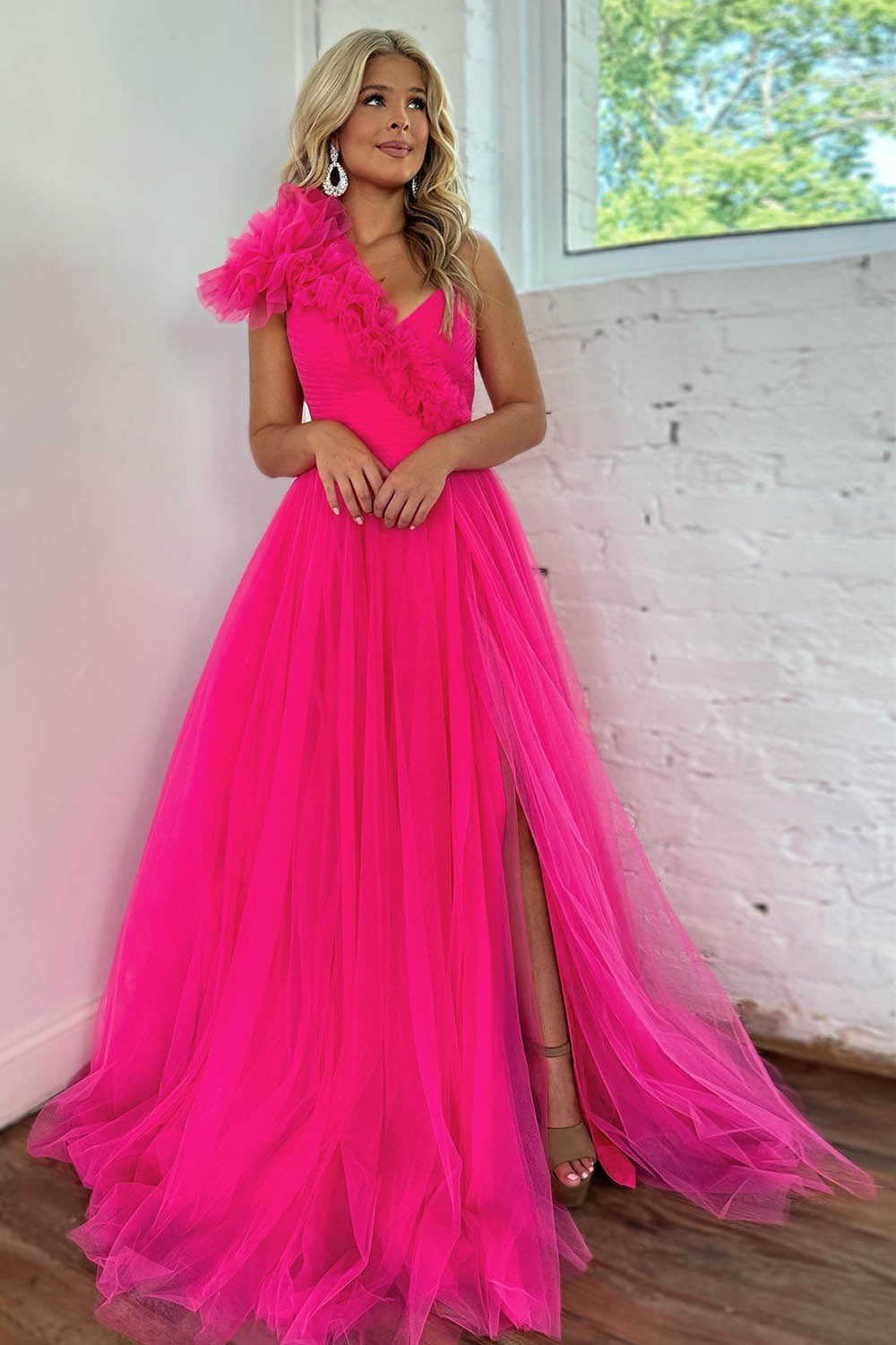 Hot Pink A-Line One Shoulder Long Tulle Prom Dress With Split