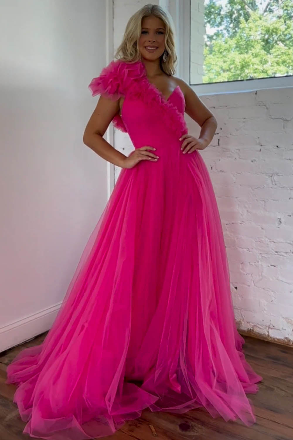 Hot Pink A-Line One Shoulder Long Tulle Prom Dress With Split