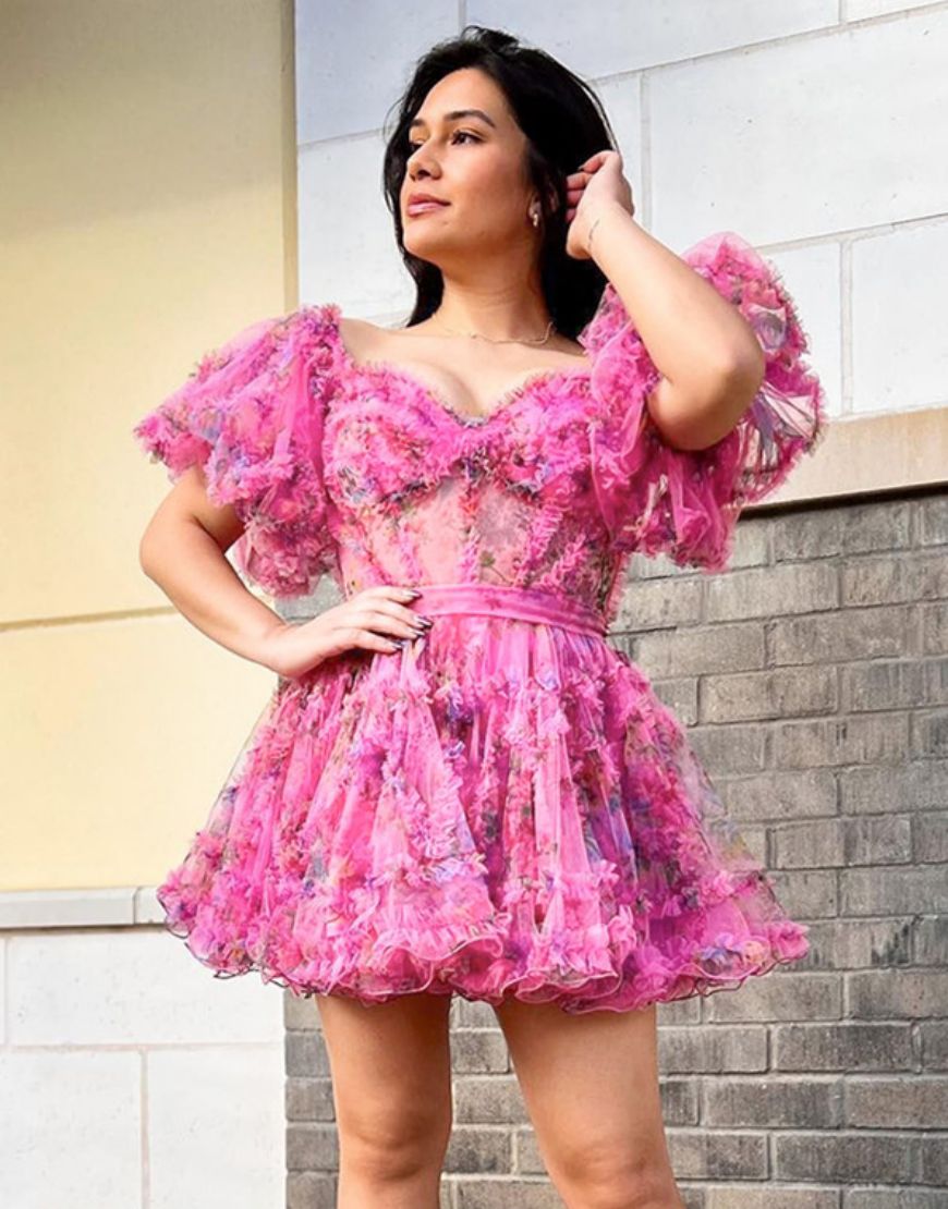 Pretty Cute Puff Sleeves A-Line Short Homecoming Party Dress