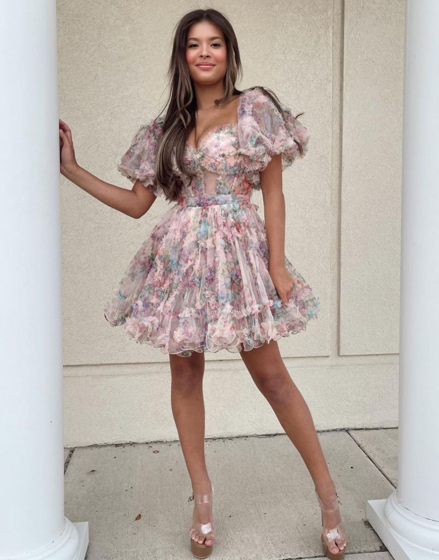 Pretty Cute Puff Sleeves A-Line Short Homecoming Party Dress