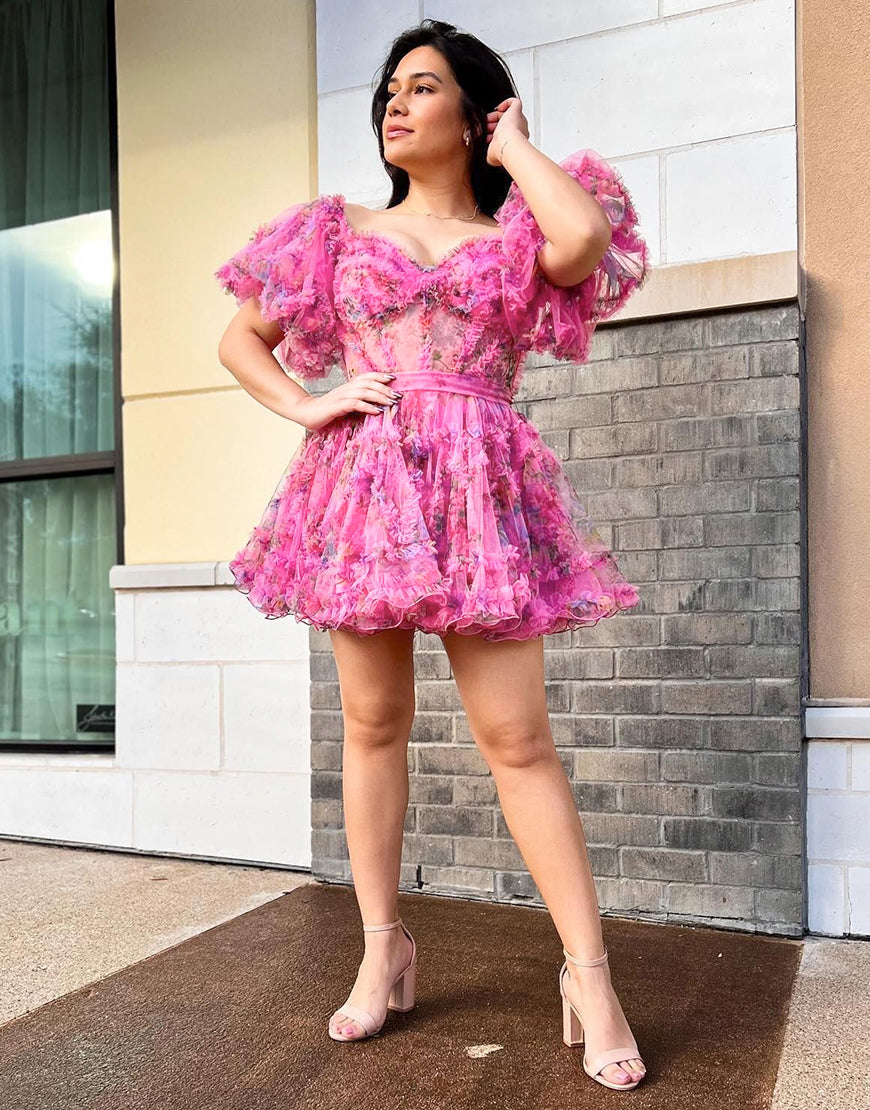 Pretty Fuchsia Puff Sleeves A-Line Short Party Dress